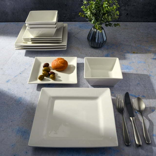 Hard Square 12 Piece Fine Ceramic Dinnerware Set in White, featuring glossy finish and modern square design.