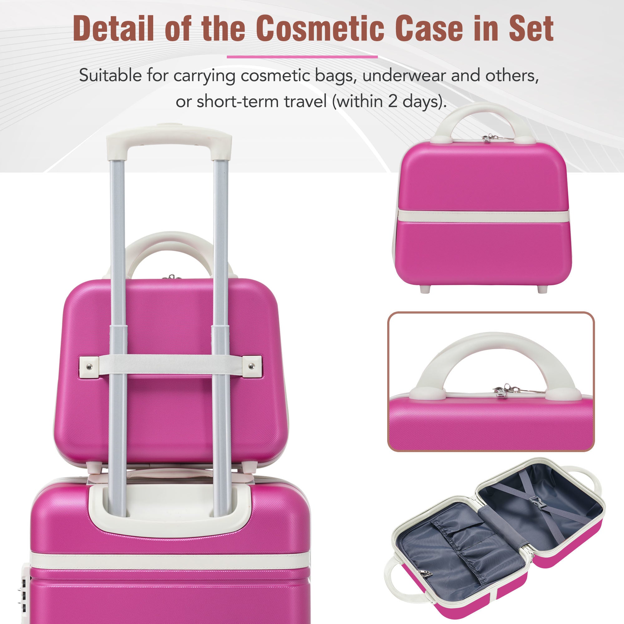 A stylish pink 4-piece hardshell luggage set including three suitcases of different sizes and a cosmetic case, showcasing durable ABS material and smooth spinner wheels.