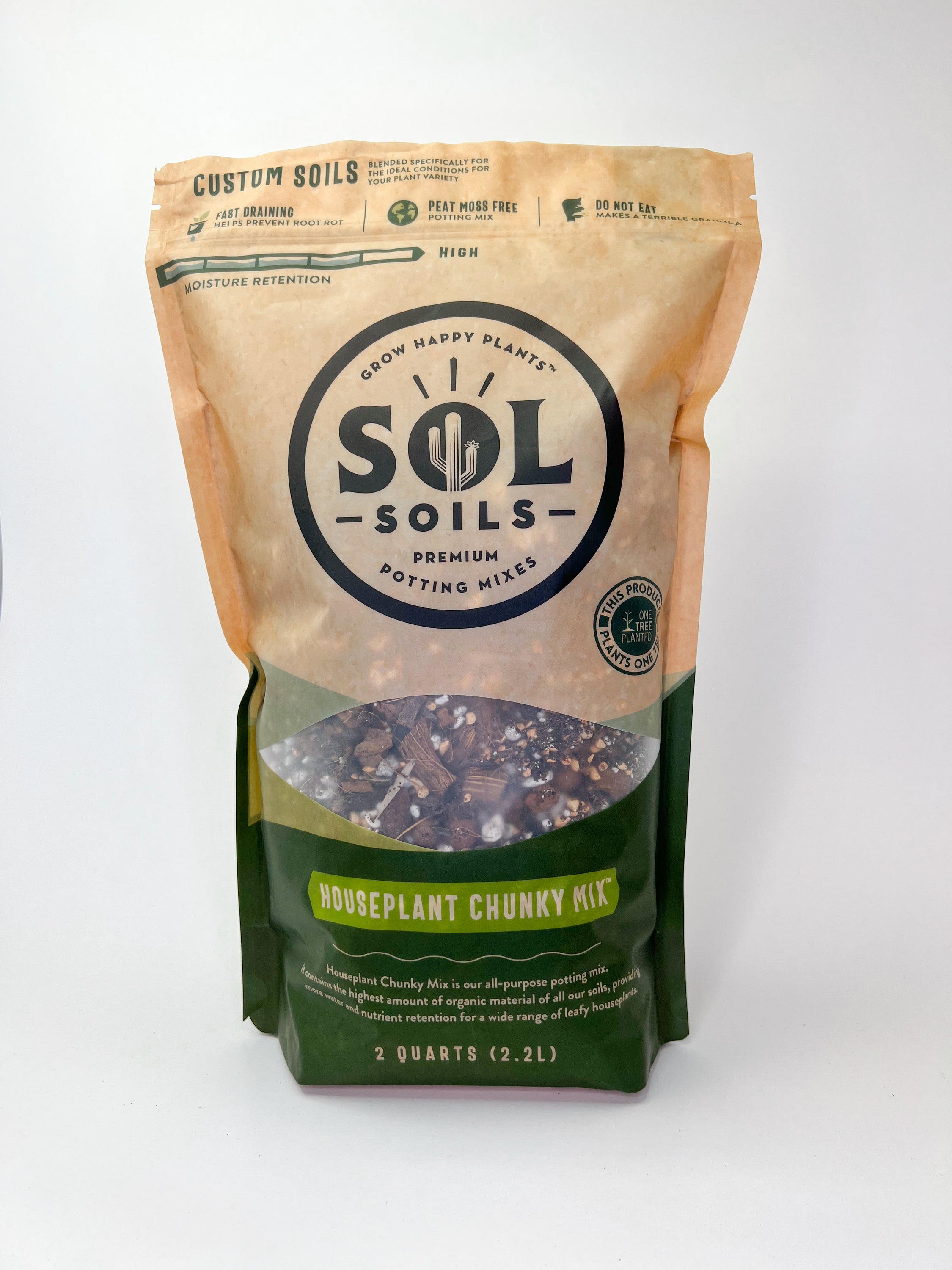 A bag of Houseplant Chunky Mix soil featuring coconut husks, pine bark, and other organic materials, ideal for indoor plants.