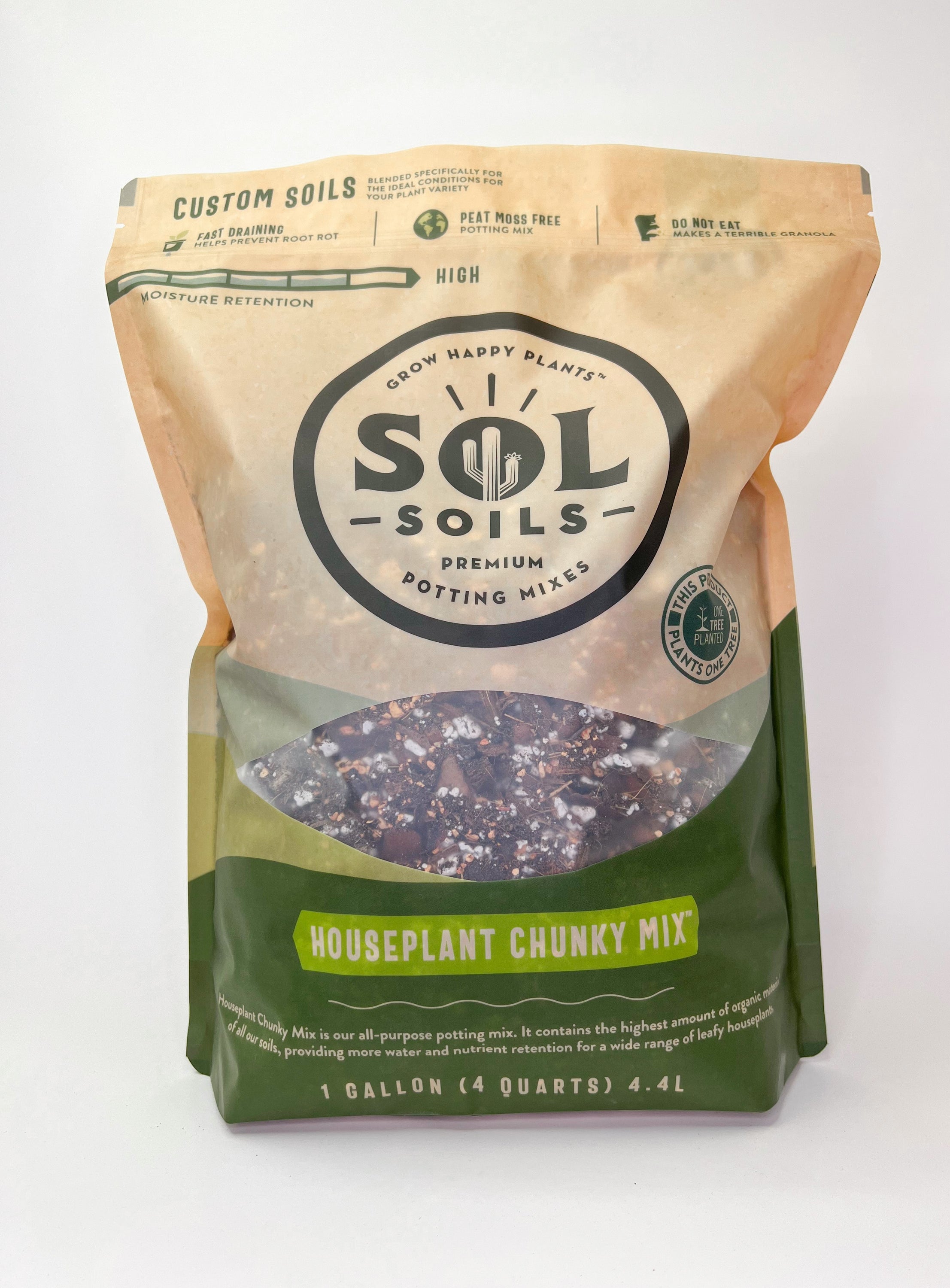 A bag of Houseplant Chunky Mix soil featuring coconut husks, pine bark, and other organic materials, ideal for indoor plants.