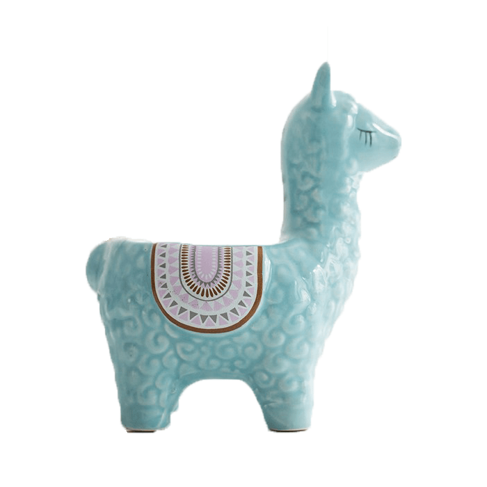 Light blue ceramic succulent planter shaped like an alpaca or llama, featuring a forward-facing design, perfect for adding charm to any space.