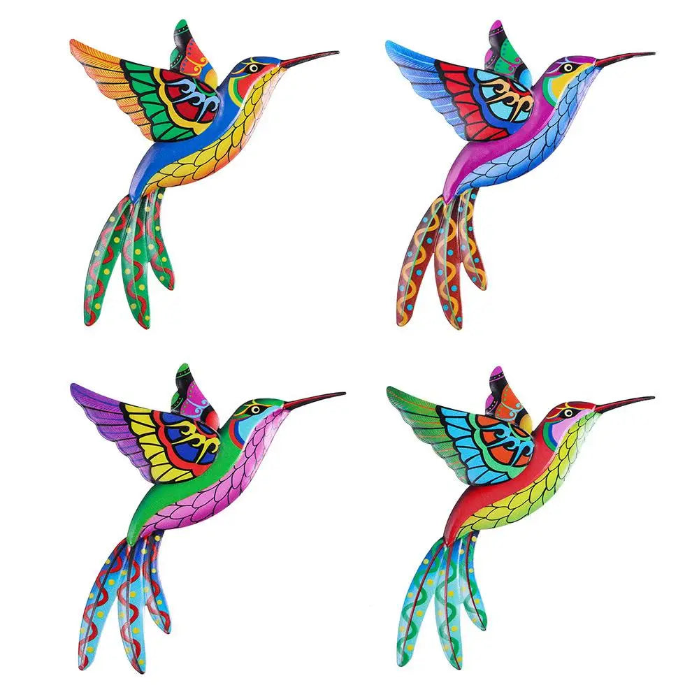 Colorful metal hummingbird wall artwork in pink, yellow, blue, and orange, perfect for garden and living room decoration.