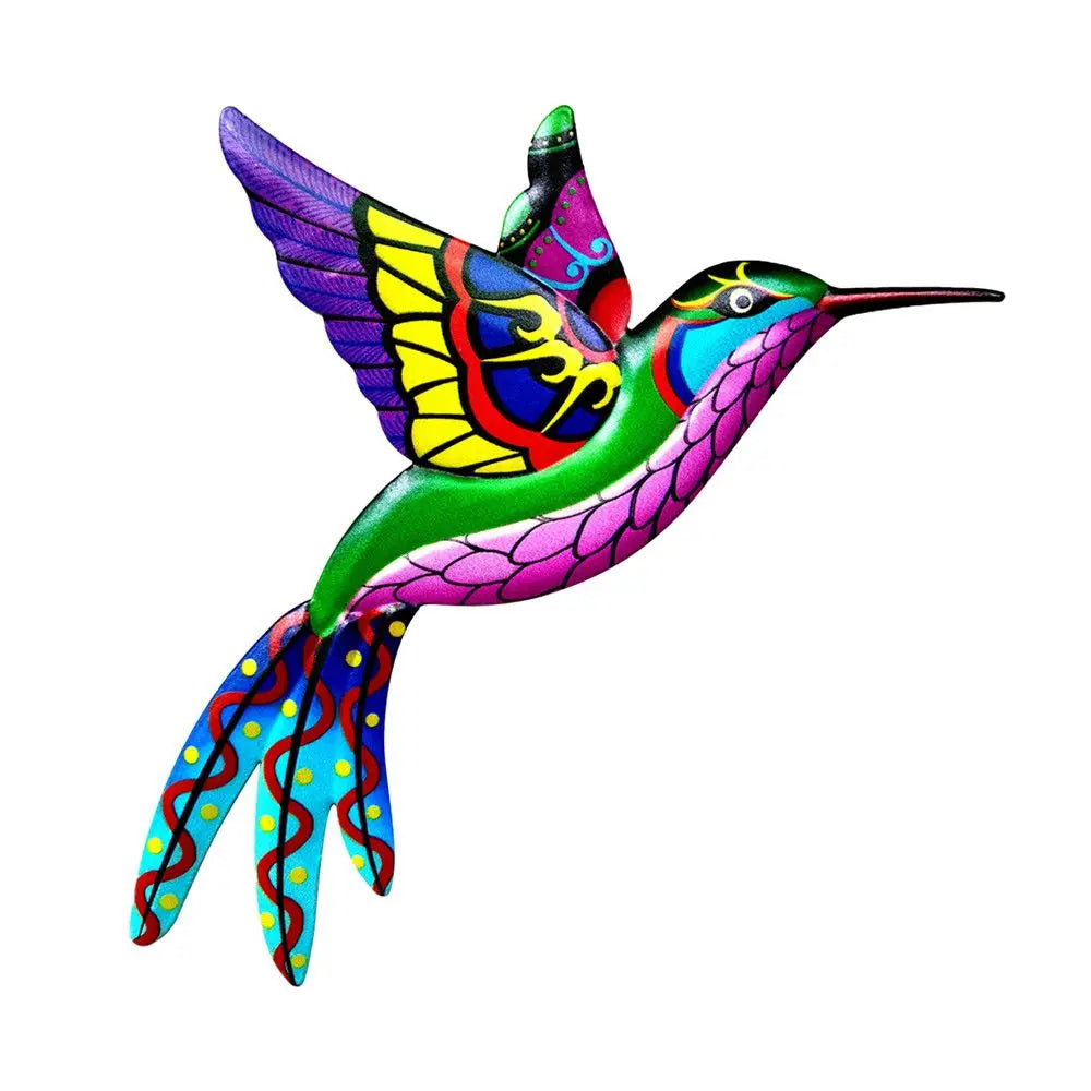 Colorful metal hummingbird wall artwork in pink, yellow, blue, and orange, perfect for garden and living room decoration.