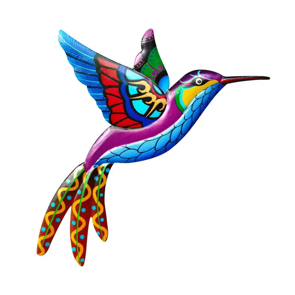 Colorful metal hummingbird wall artwork in pink, yellow, blue, and orange, perfect for garden and living room decoration.