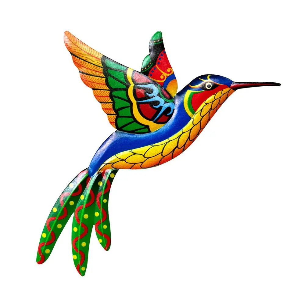 Colorful metal hummingbird wall artwork in pink, yellow, blue, and orange, perfect for garden and living room decoration.