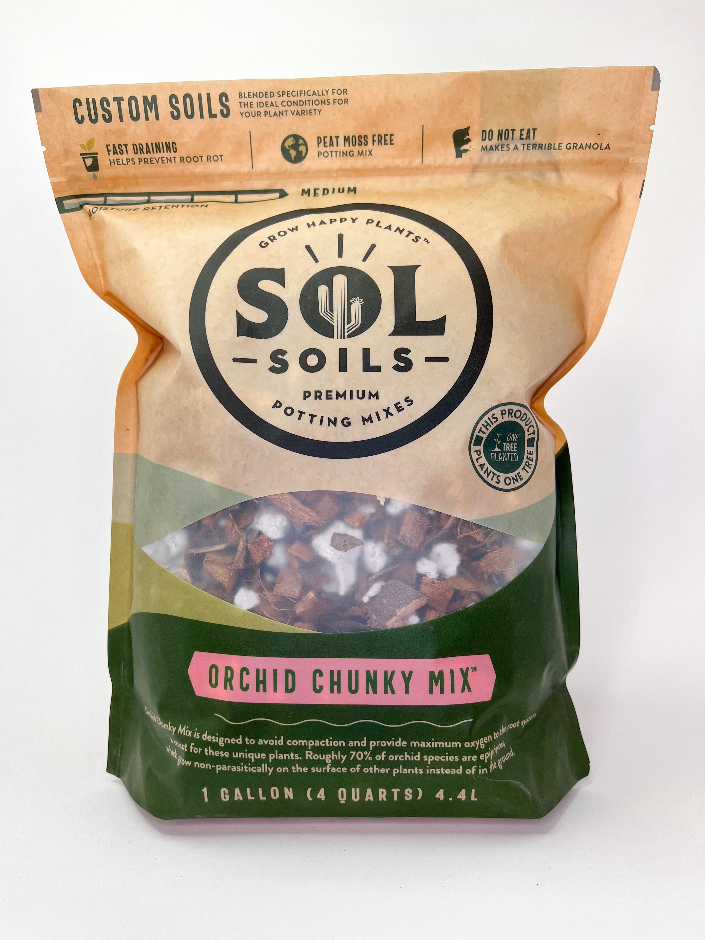 A bag of Orchid Chunky Mix soil featuring a blend of coconut husks, pine bark, and chunky perlite, designed for optimal orchid growth.