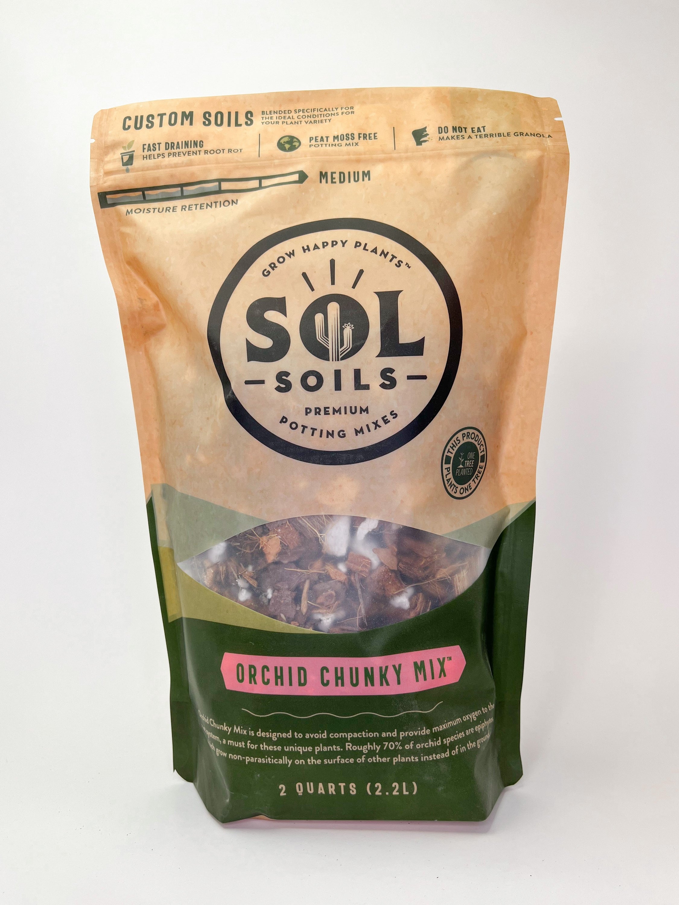 A bag of Orchid Chunky Mix soil featuring a blend of coconut husks, pine bark, and chunky perlite, designed for optimal orchid growth.