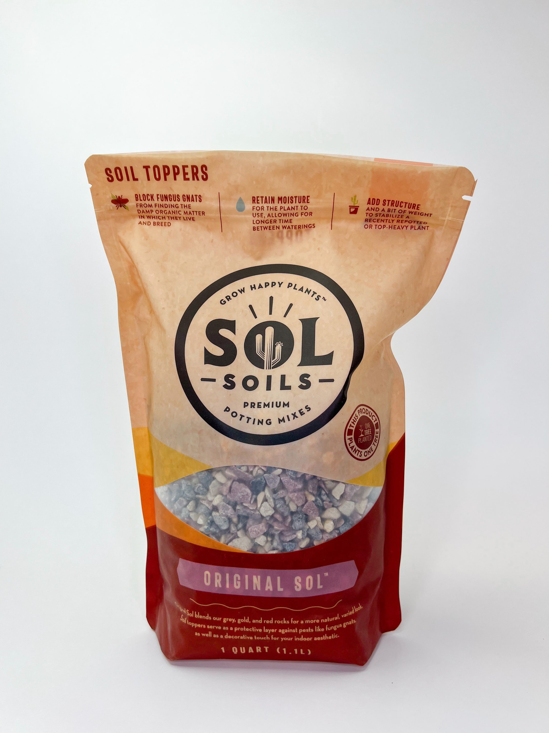 Original Sol Topper featuring a blend of grey, gold, and red rock, designed for decorative and protective use in potted plants.