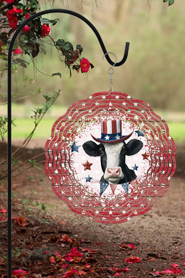 Patriotic USA Cow Wind Spinner featuring vibrant colors and double-sided design, ideal for outdoor decor.