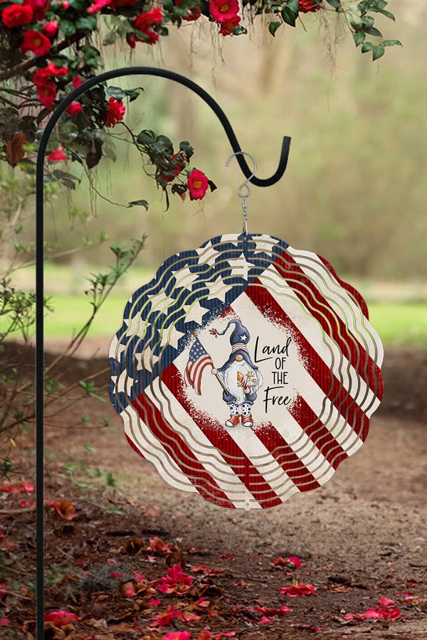 Patriotic USA wind spinner featuring vibrant colors and double-sided design, perfect for outdoor decor.