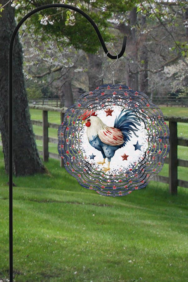 A colorful 10-inch aluminum wind spinner featuring a patriotic rooster design, perfect for outdoor decor.