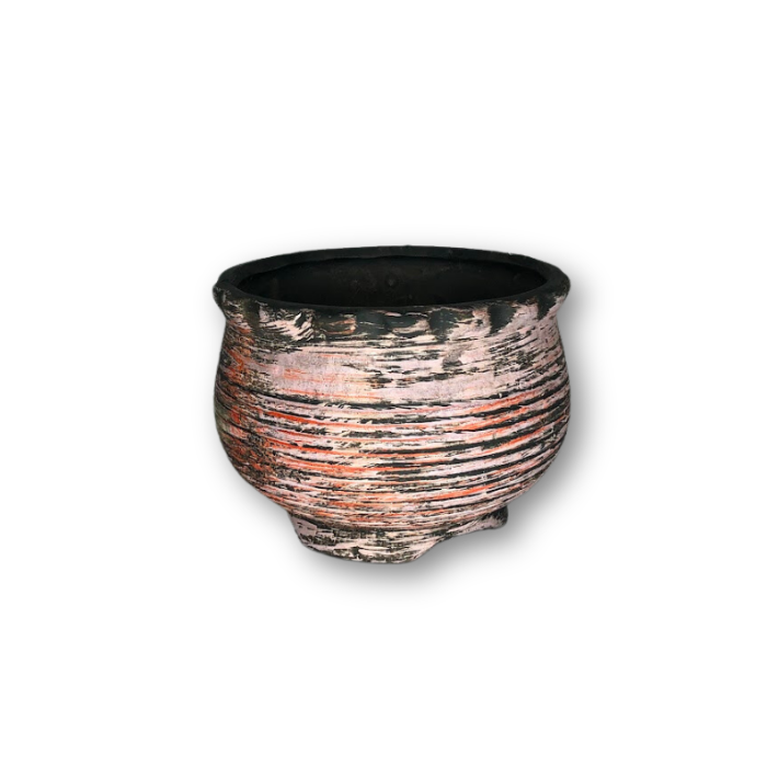 A stylish pink brushed flower pot with a black finish, featuring a drain hole at the bottom, perfect for small plants.