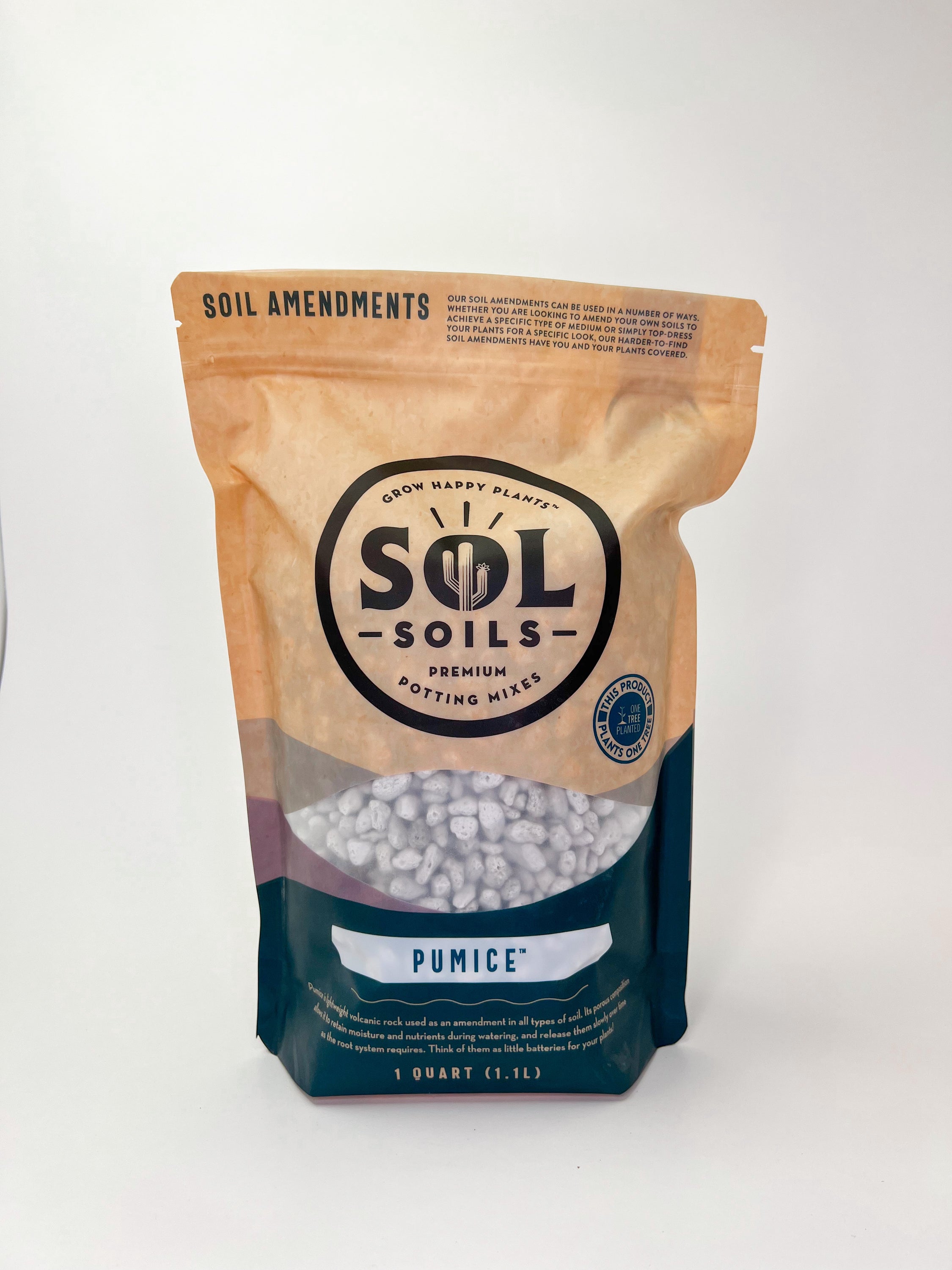 A bag of Sol Soils pumice, a lightweight volcanic rock soil amendment, ideal for enhancing drainage and moisture retention in potted plants.