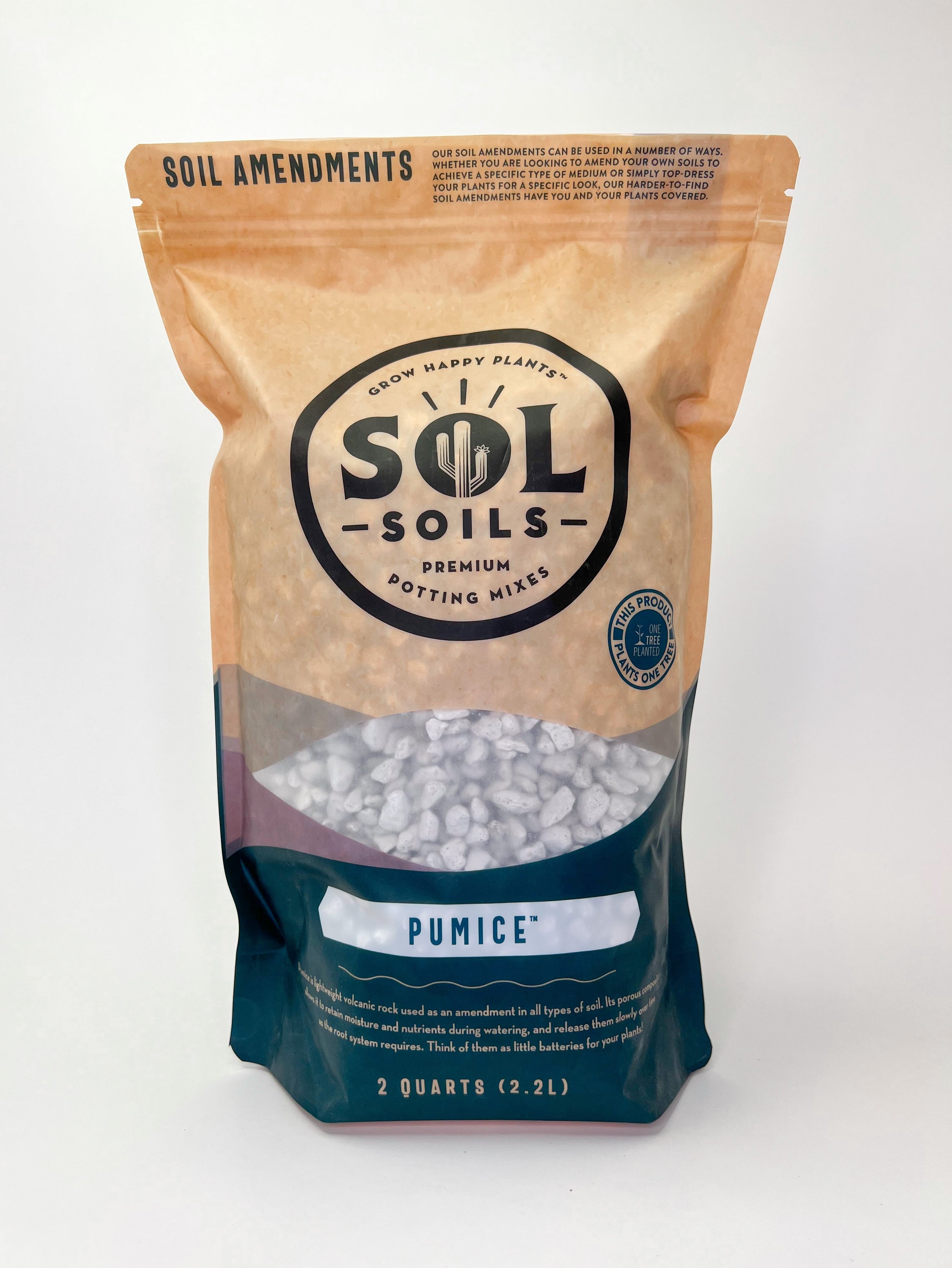 A bag of Sol Soils pumice, a lightweight volcanic rock soil amendment, ideal for enhancing drainage and moisture retention in potted plants.