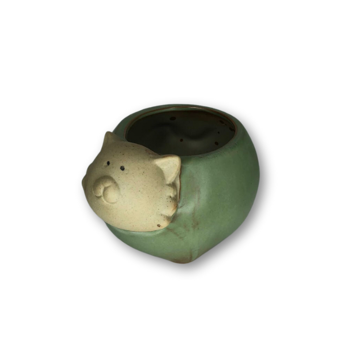 Rustic Antique Green Cat Flower Pot with a charming cat design, perfect for small plants.