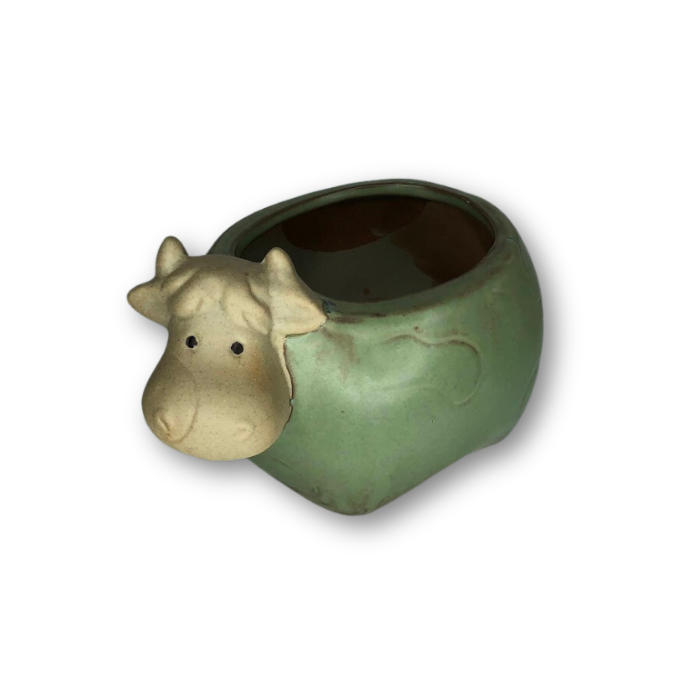 Rustic Antique Green Cow Flower Pot with a charming cow design, perfect for small plants and flowers.