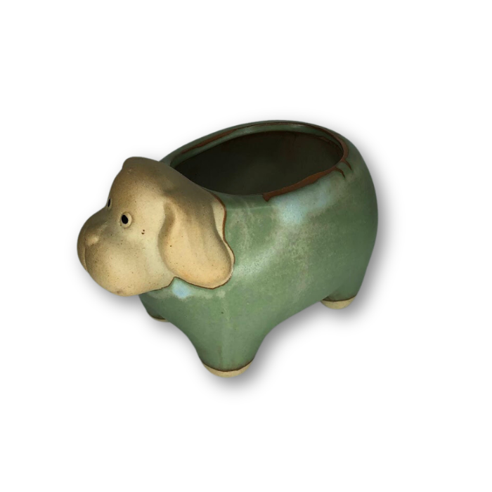 Rustic Antique Green Dog Flower Pot with a charming dog design, perfect for small plants and flowers.