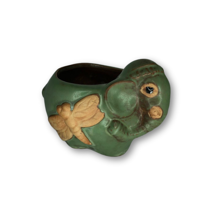 Rustic antique green elephant flower pot with dragonfly design, perfect for small plants.