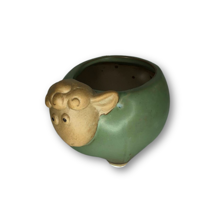 Rustic Antique Green Lamb Flower Pot with a charming lamb design, perfect for small plants and flowers.