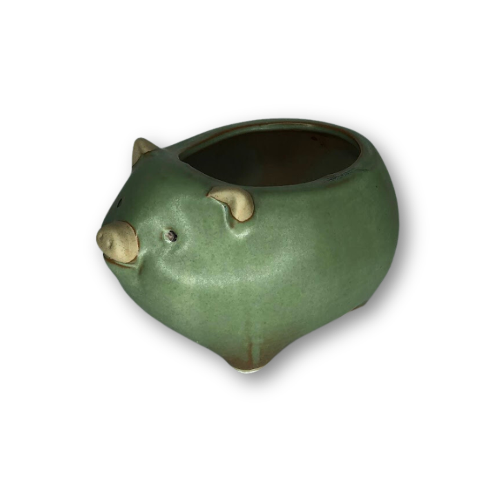 A rustic antique green pig-shaped flower pot with a drain hole, perfect for small plants.