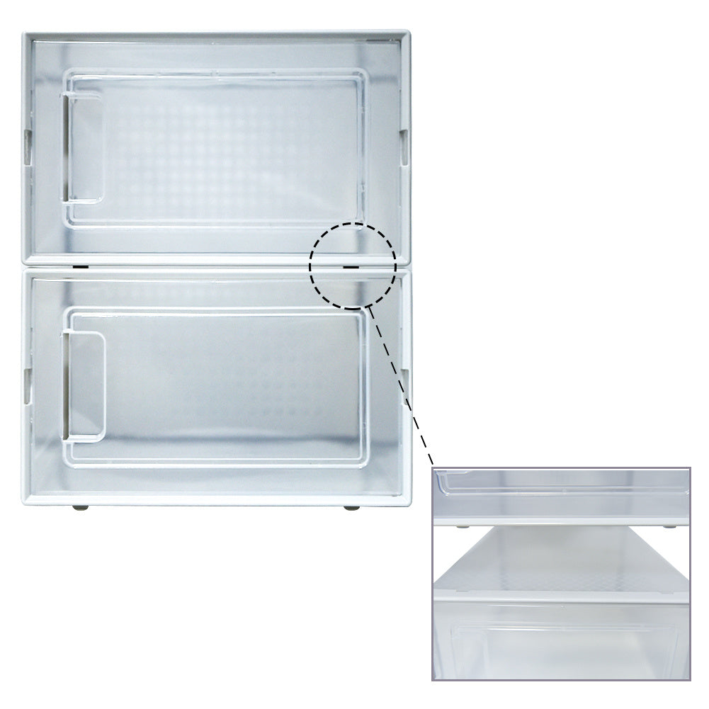 Set of 12 stackable clear plastic shoe storage boxes with transparent doors, ideal for organizing footwear and other items.