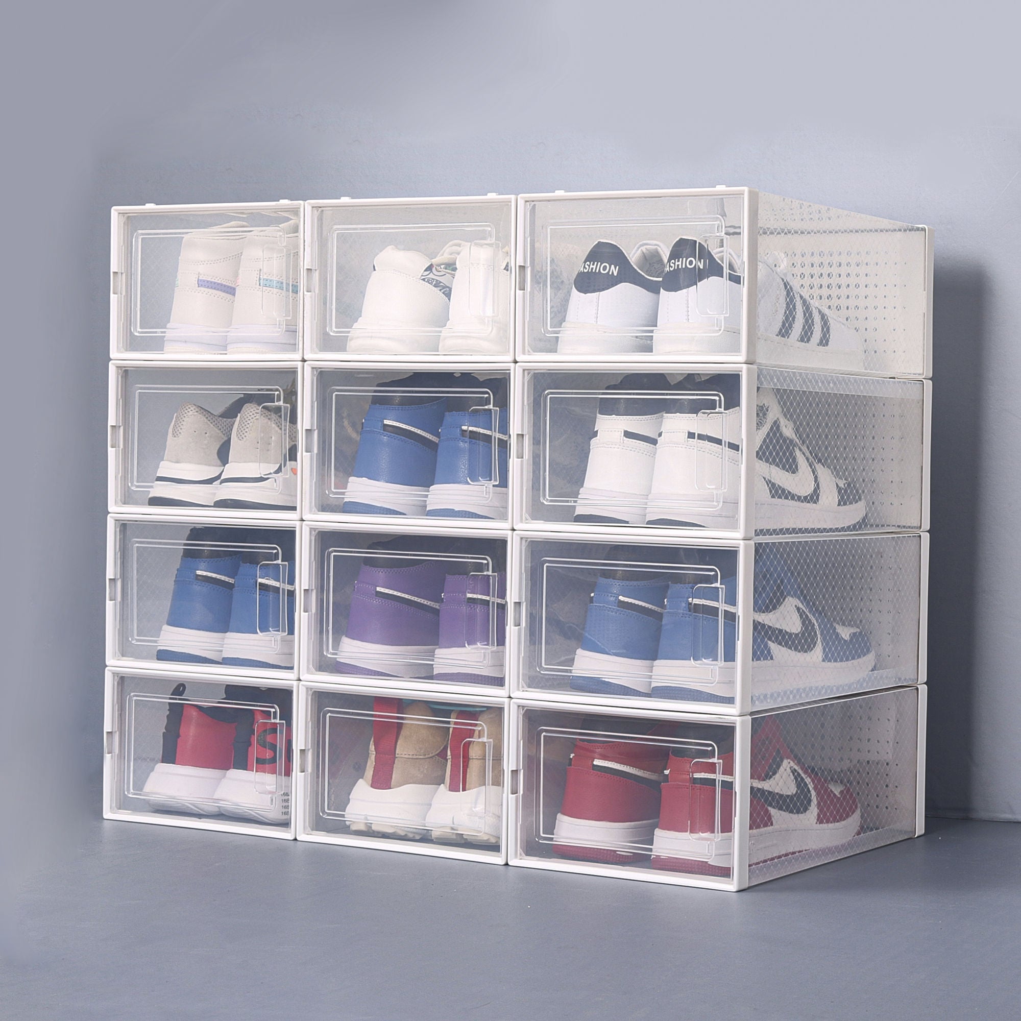 Set of 12 stackable clear plastic shoe storage boxes with transparent doors, ideal for organizing footwear and other items.