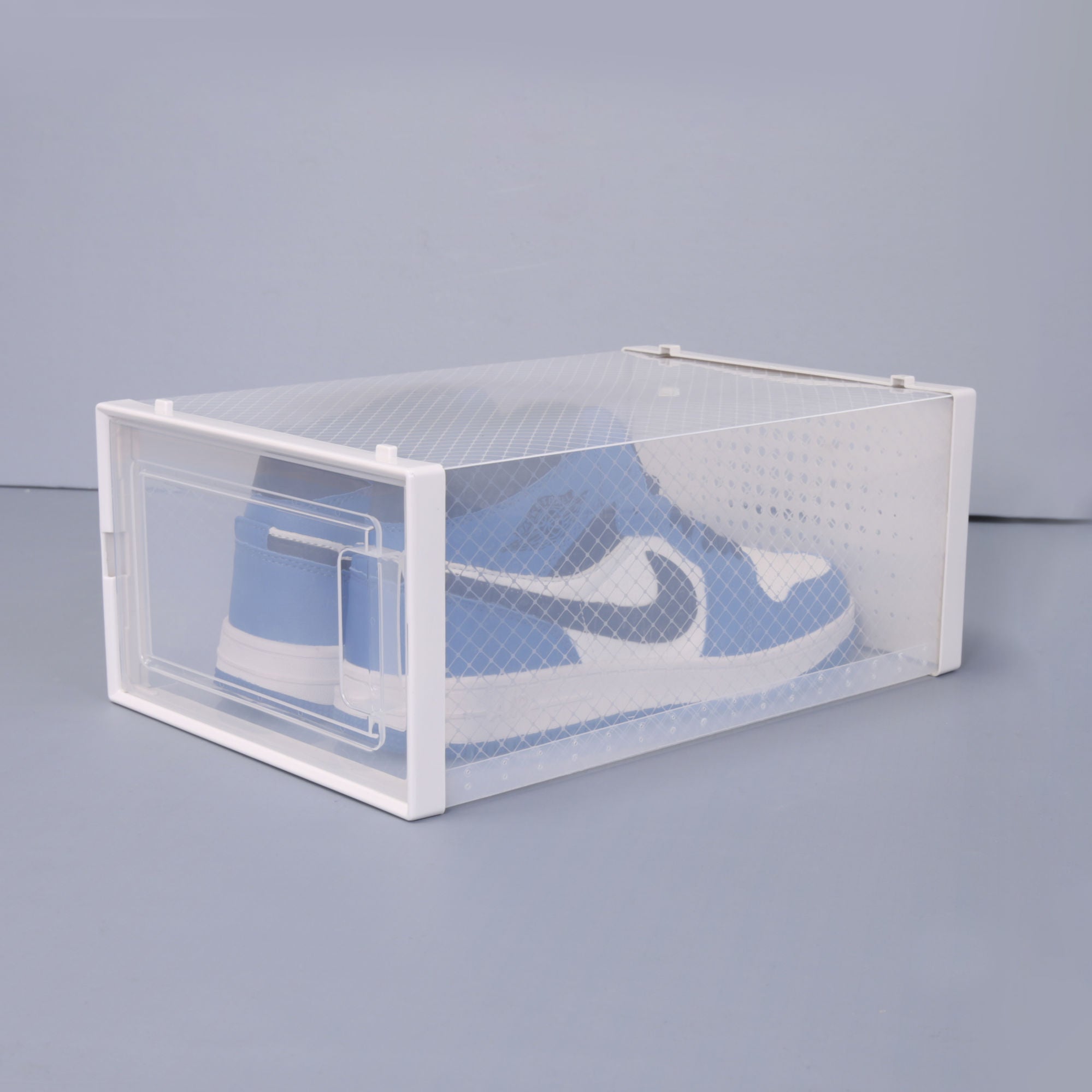 Set of 12 stackable clear plastic shoe storage boxes with transparent doors, ideal for organizing footwear and other items.