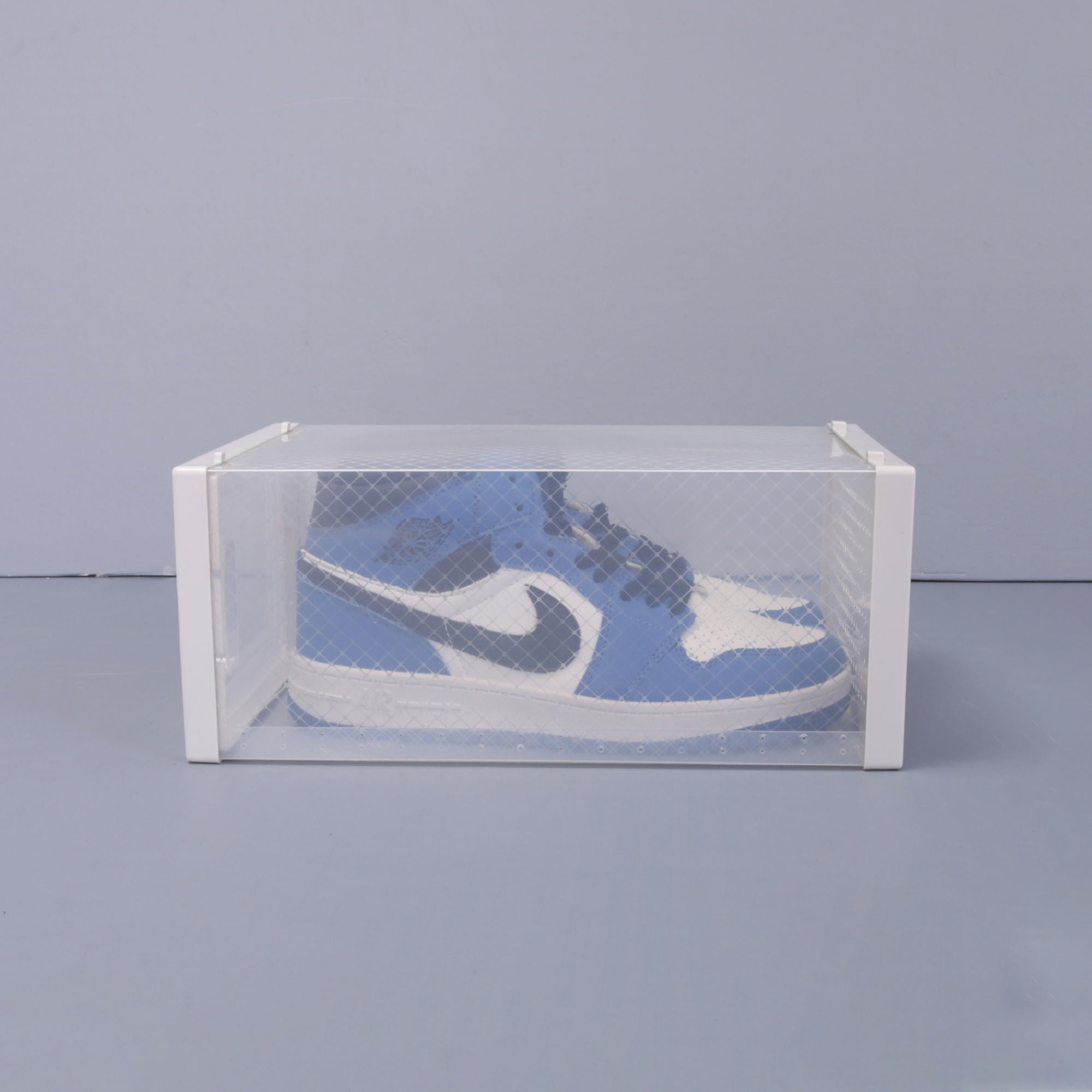 Set of 12 stackable clear plastic shoe storage boxes with transparent doors, ideal for organizing footwear and other items.