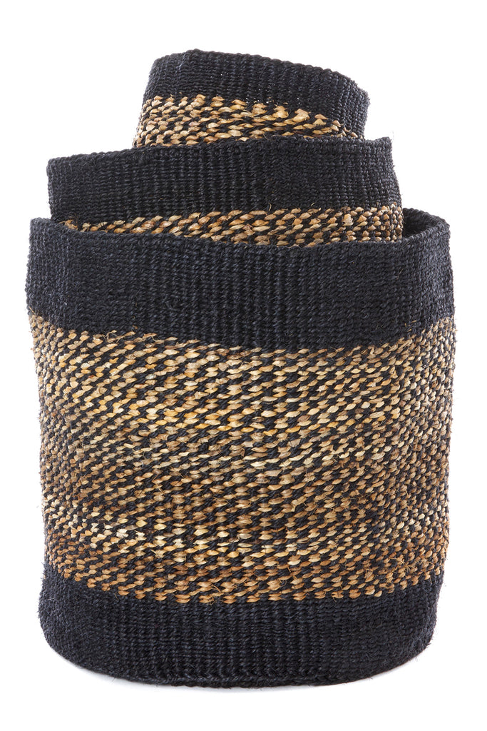 Set of three handwoven sisal and banana fiber baskets in varying sizes, showcasing natural colors and intricate patterns, perfect for storage and planters.