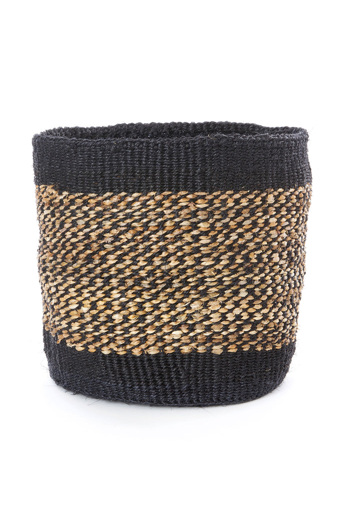 Set of three handwoven sisal and banana fiber baskets in varying sizes, showcasing natural colors and intricate patterns, perfect for storage and planters.