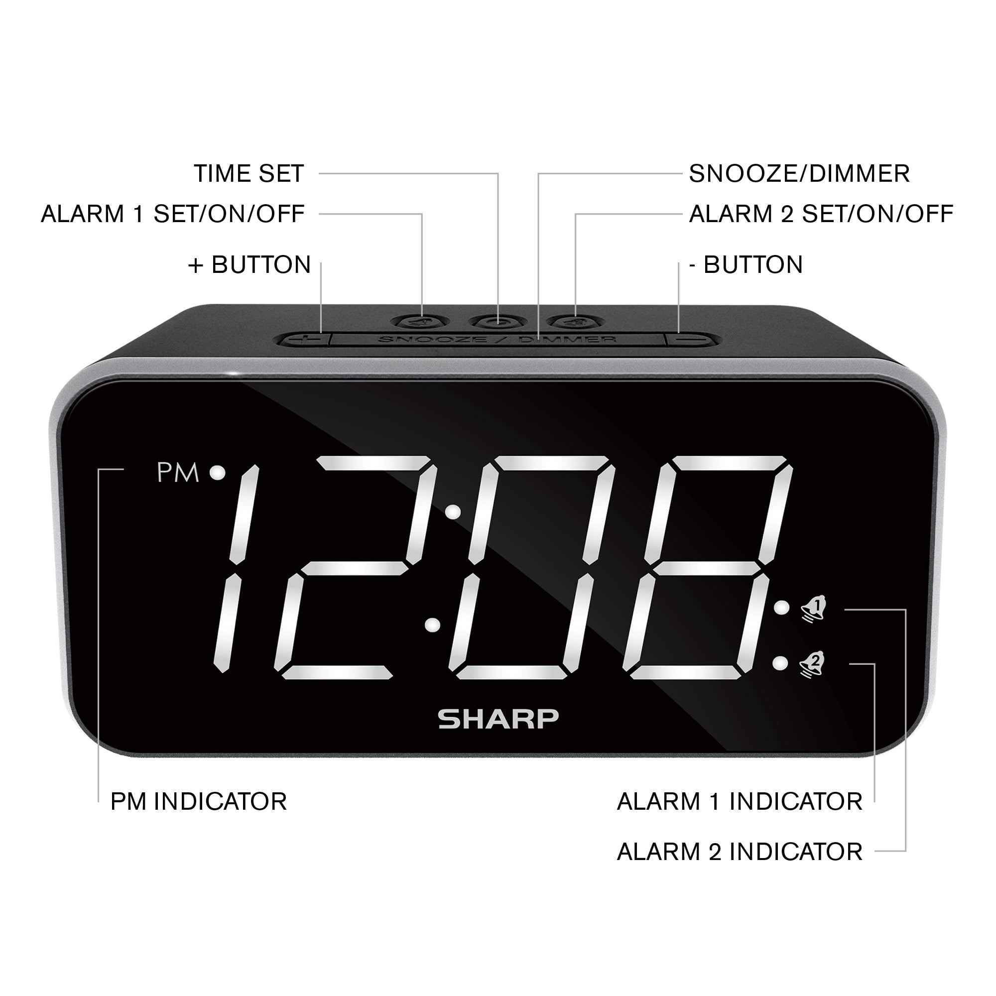 SHARP Dual Alarm Clock with a large 1.8' white LED display and black finish, showcasing its sleek design and easy readability.