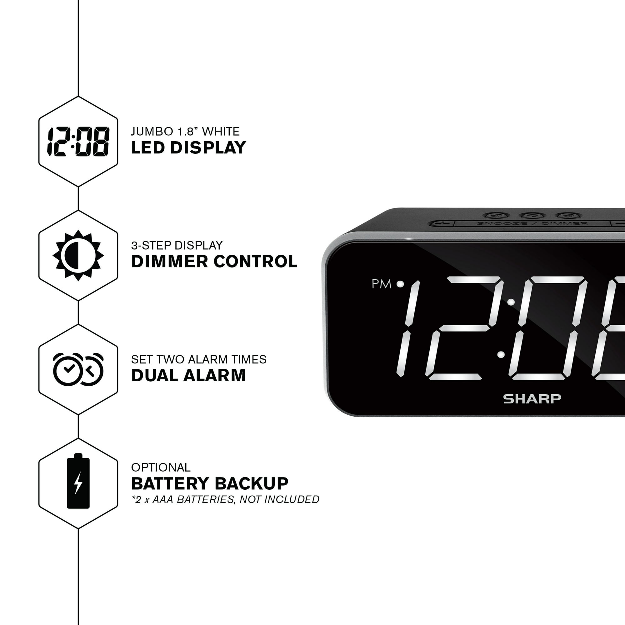 SHARP Dual Alarm Clock with a large 1.8' white LED display and black finish, showcasing its sleek design and easy readability.