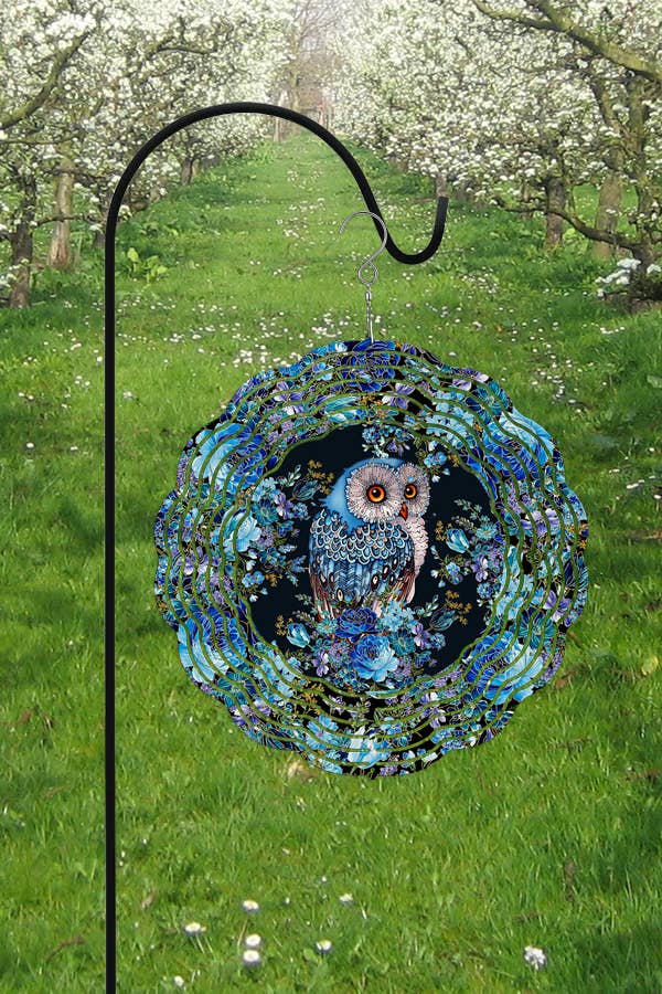 10-inch blue and black owl garden wind spinner, double-sided design, perfect for spring decor.