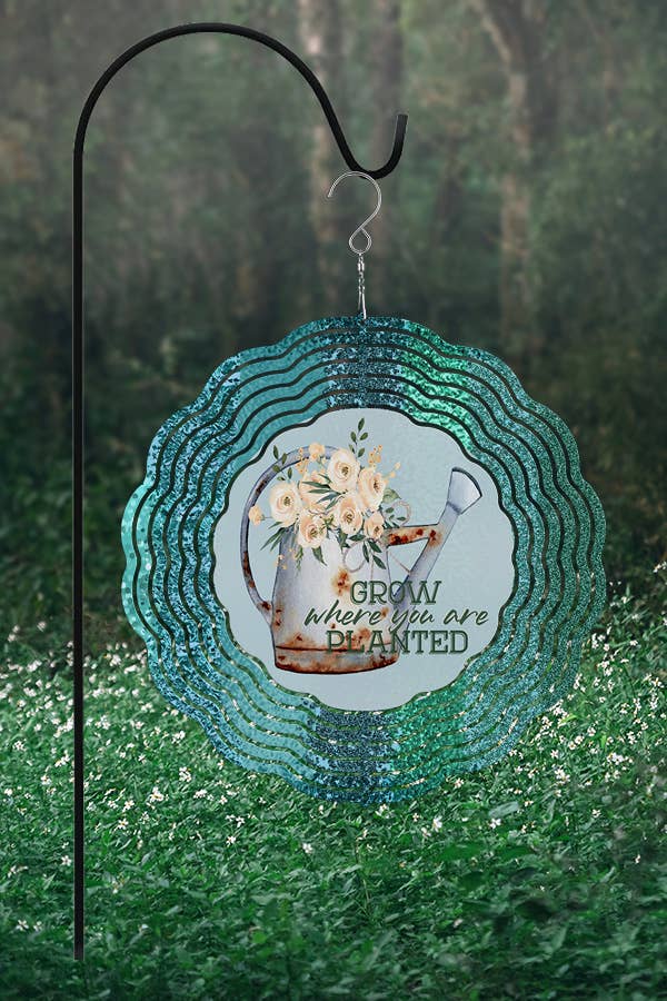 Colorful 10-inch aluminum wind spinner featuring a spring design, double-sided for visibility, with a hook for easy hanging.