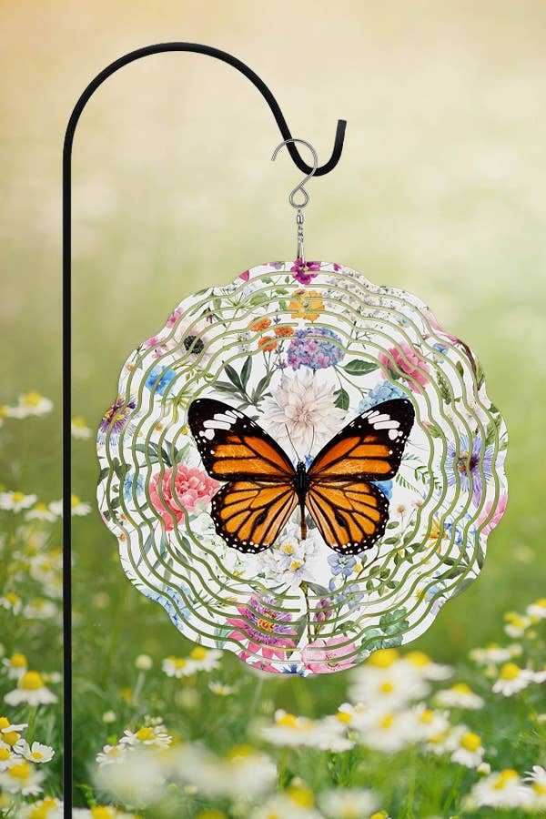 A vibrant orange butterfly garden wind spinner, 10 inches in diameter, showcasing a double-sided design, perfect for outdoor decor.