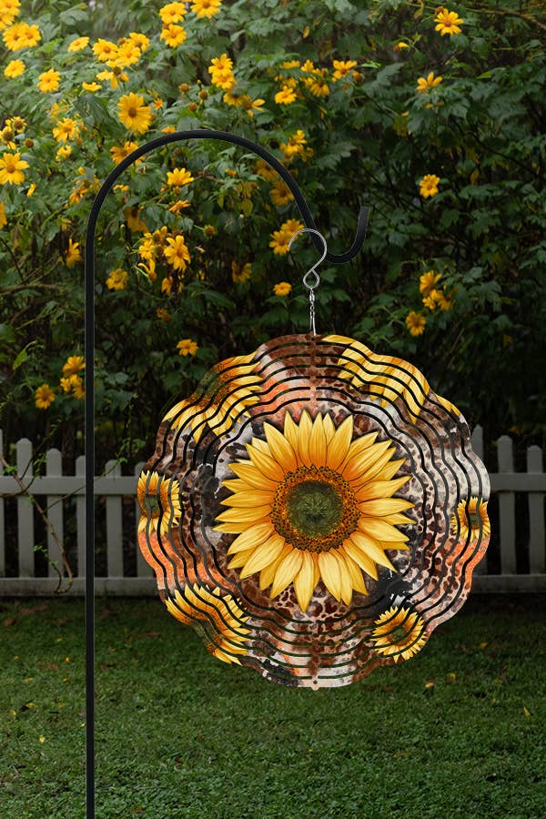 Colorful 10-inch double-sided wind spinner featuring sunflowers and leopard print, designed for outdoor decor.