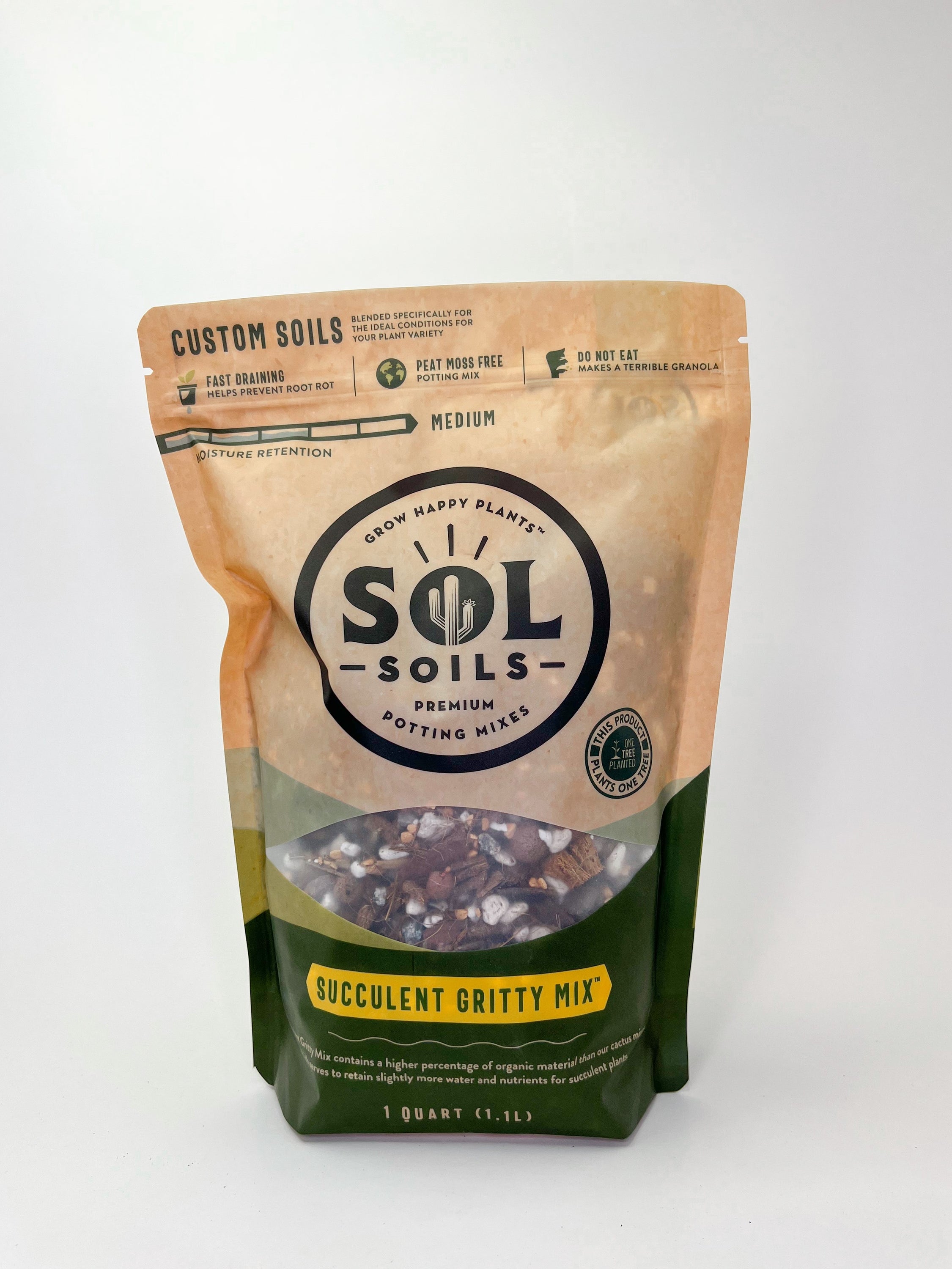 A bag of Succulent Gritty Mix soil featuring a blend of coconut husks, pine bark, and various inorganic materials, ideal for succulent plants.