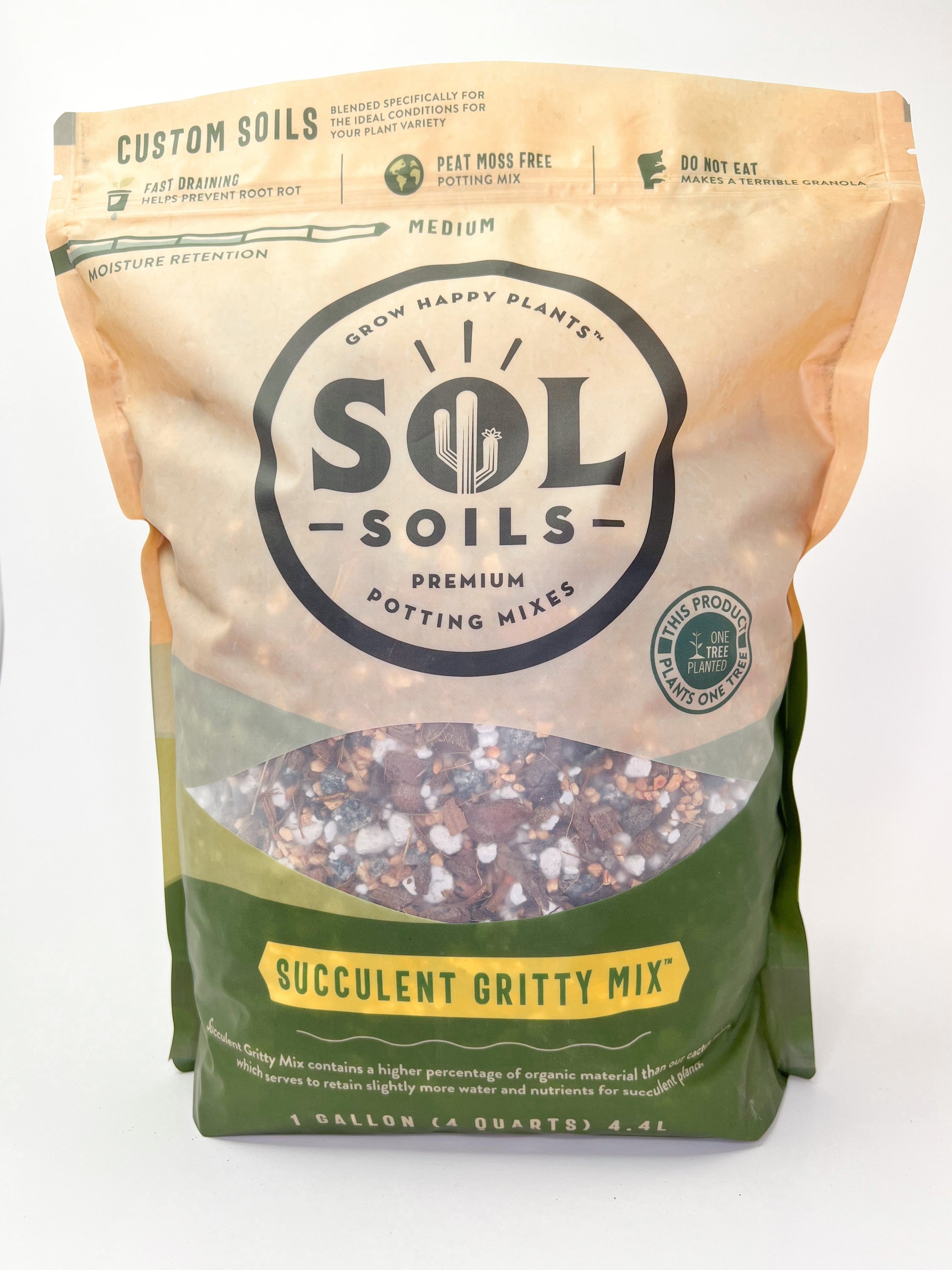 A bag of Succulent Gritty Mix soil featuring a blend of coconut husks, pine bark, and various inorganic materials, ideal for succulent plants.