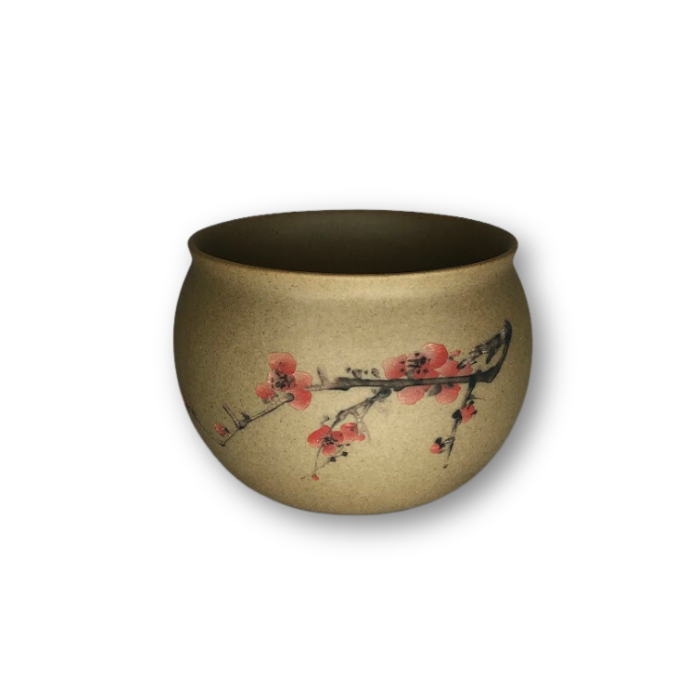 Tan Asian style pot featuring pink cherry blossoms, perfect for small plants.