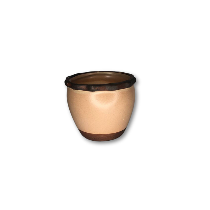 Tan pot with a rippled top and brown strip accents, perfect for indoor and outdoor plants.