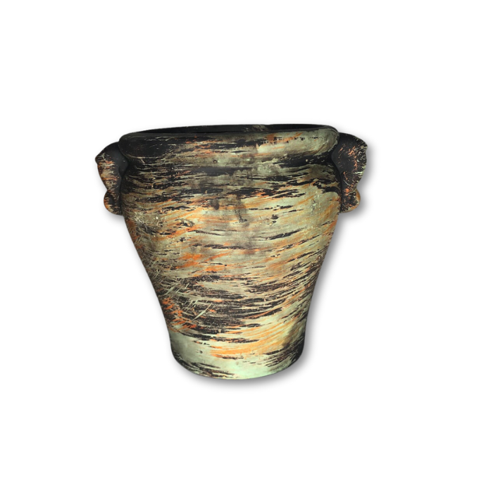 Teal, orange, and black brushed pot with a rustic finish, featuring a drain hole at the bottom, ideal for small plants.