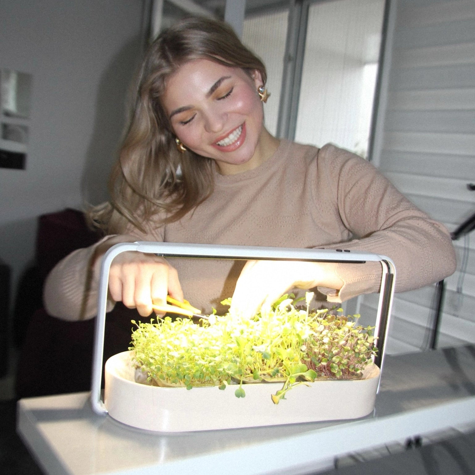 The ingarden bundle showcasing a sleek microgreens growing system with vibrant green sprouts ready for harvest.