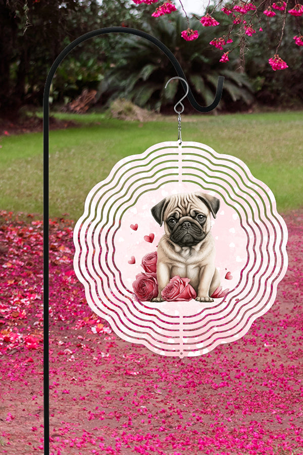 A colorful 10-inch aluminum wind spinner featuring a cute pug design and heart motifs, perfect for Valentine's Day garden decor.