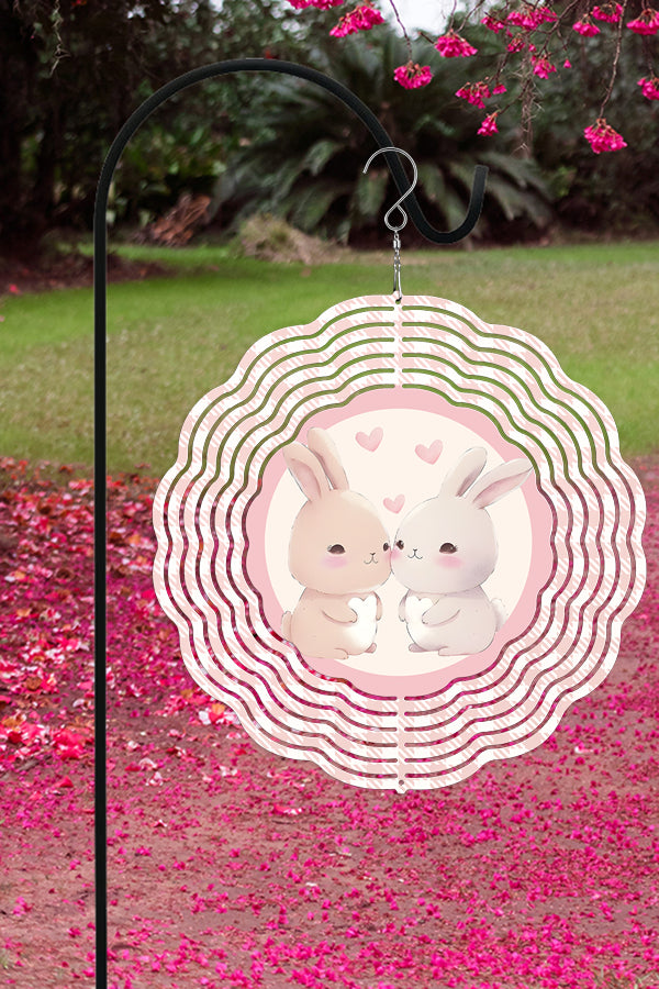 10-inch double-sided aluminum wind spinner featuring bunnies and hearts design, perfect for Valentine's Day garden decor.