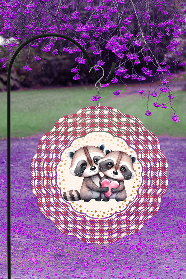 10-inch aluminum double-sided wind spinner featuring charming raccoon illustrations and vibrant colors, perfect for garden decor.