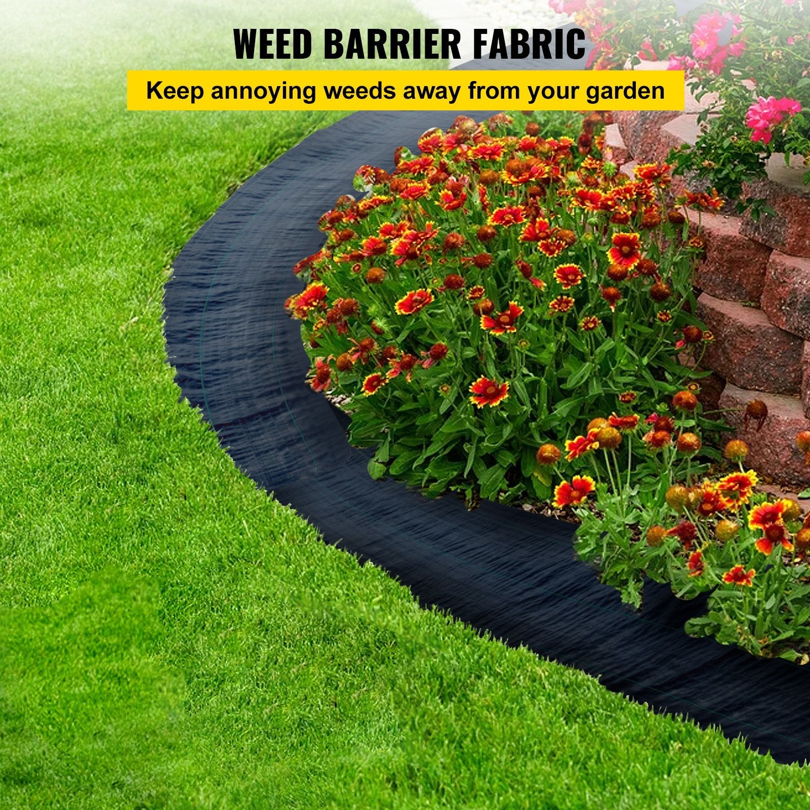 VEVOR 6FTx300FT Premium Weed Barrier Fabric, heavy-duty woven polypropylene for effective weed control in gardens.