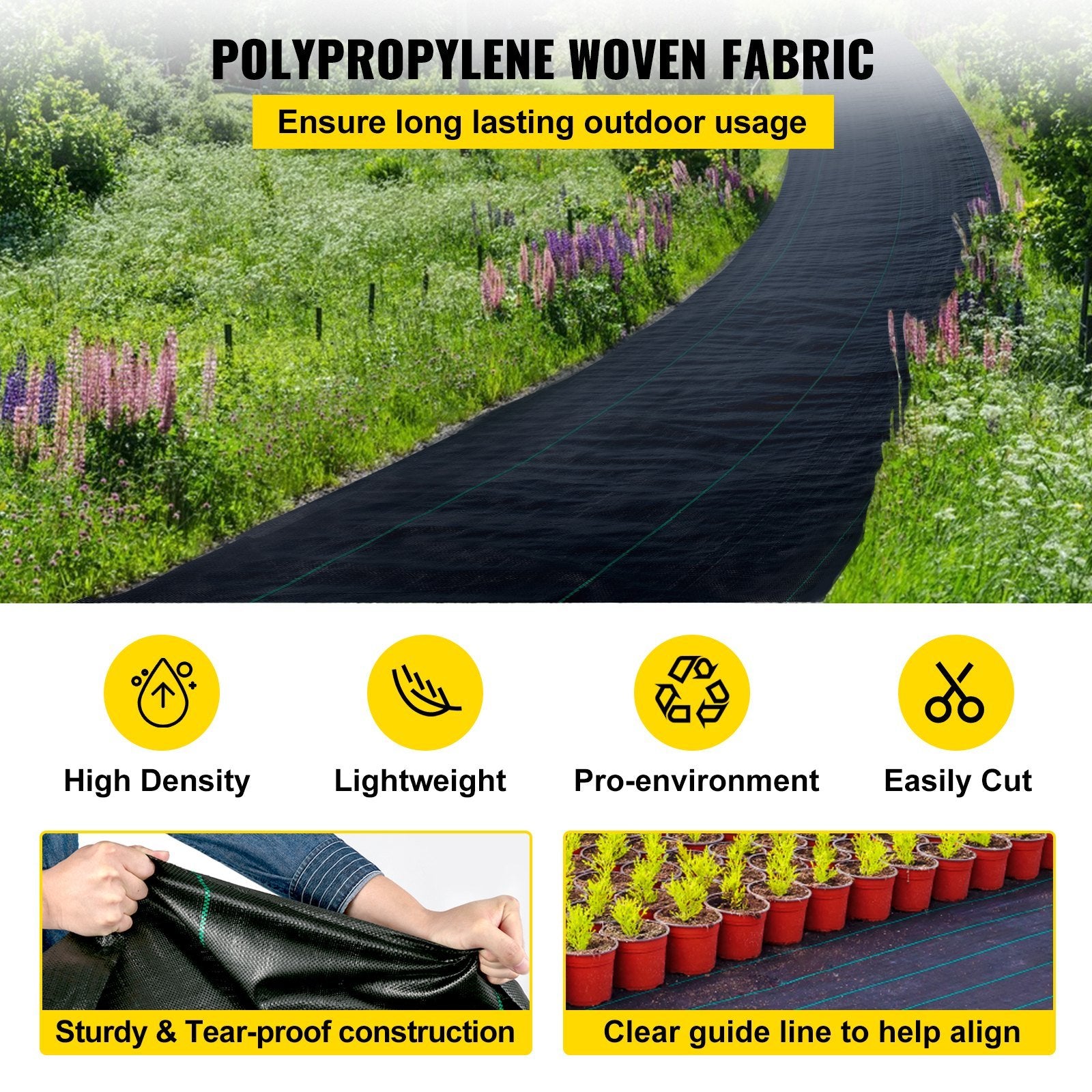 VEVOR 6FTx300FT Premium Weed Barrier Fabric, heavy-duty woven polypropylene for effective weed control in gardens.