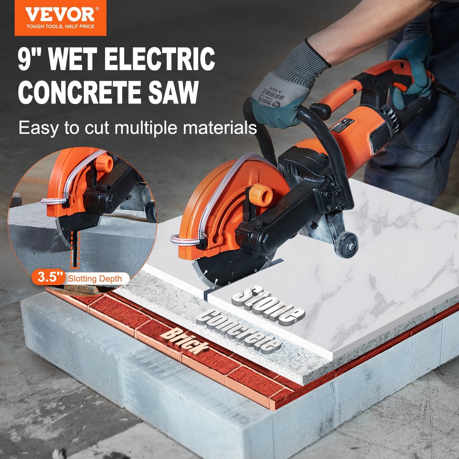 VEVOR Electric Concrete Saw with wet-cutting attachment, showcasing its ergonomic D-shaped handle and 9-inch blade for efficient cutting.