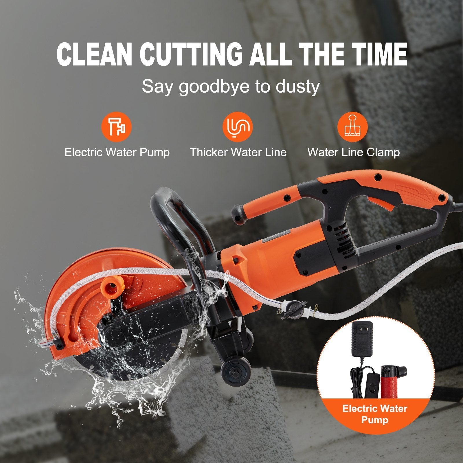 VEVOR Electric Concrete Saw with wet-cutting attachment, showcasing its ergonomic D-shaped handle and 9-inch blade for efficient cutting.