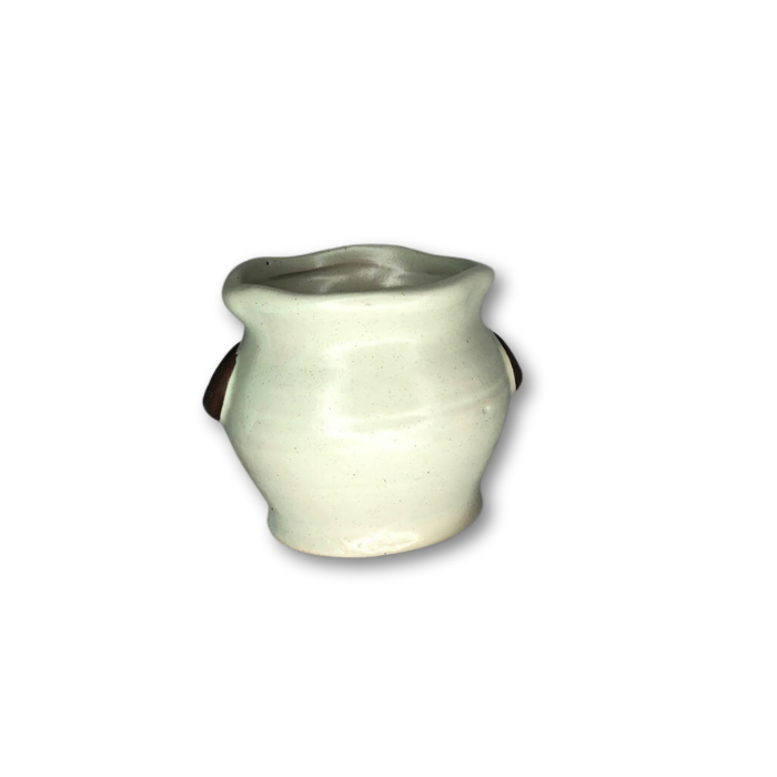 A stylish white ceramic pot with handles, perfect for plants and decor.